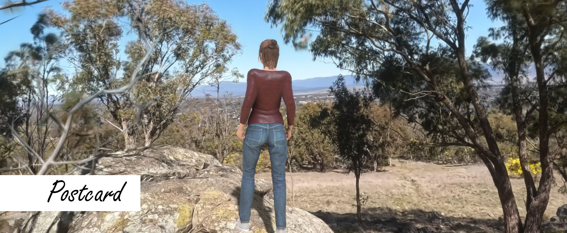 Game screenshot of a woman standing on a mountain, with the word postcard written to the side