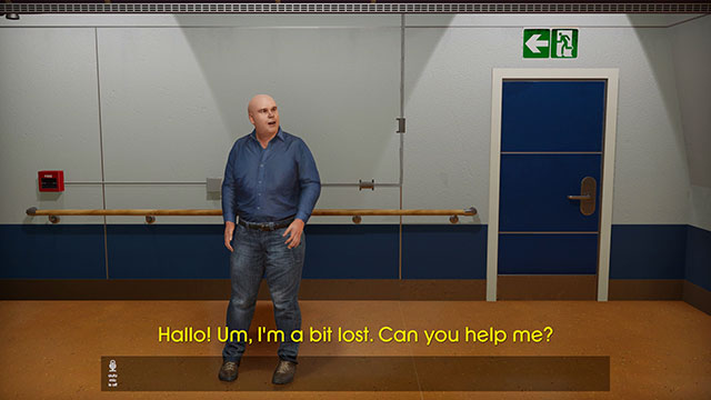 Game screenshot of a man looking lost and asking for help.