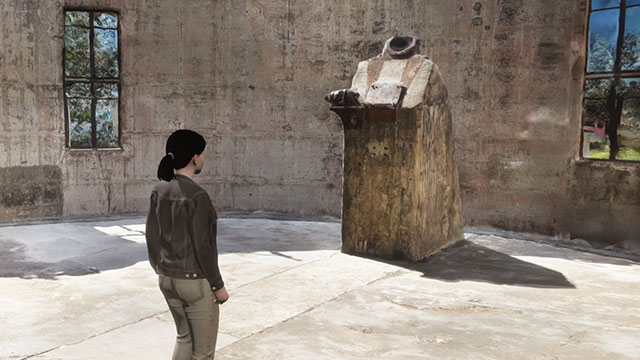 Game screenshot of a young woman standing in the ruins of a burnt out observatory site.
