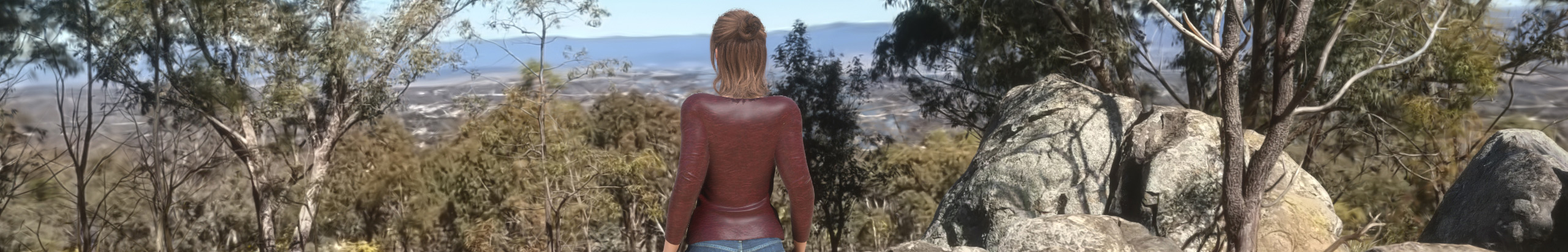 Game screenshot of a woman standing on a mountain, with the word postcard written to the side
