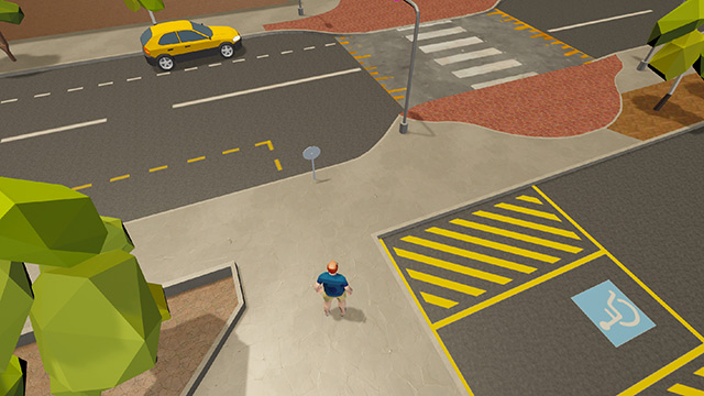 Screenshot of the game Go There. An overhead view of a person near a carpark and pedestrian crossing