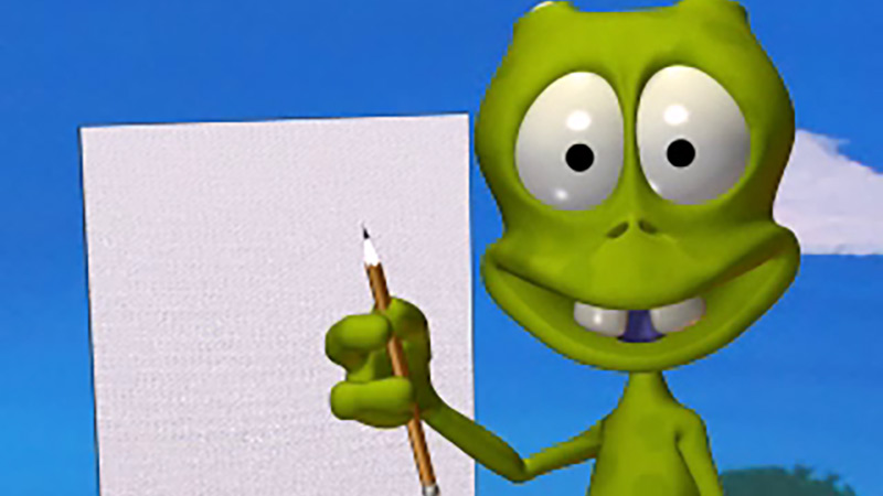 Screenshot of Pogg holding a pencil next to a canvas