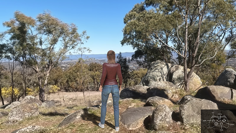 Photorealistic game screenshot of a Canberran landscape and character