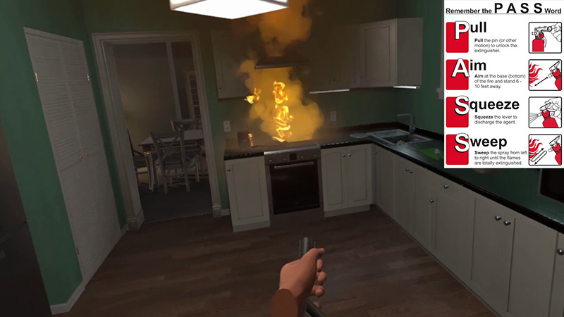 A view through VR of a fire fighter training simulation